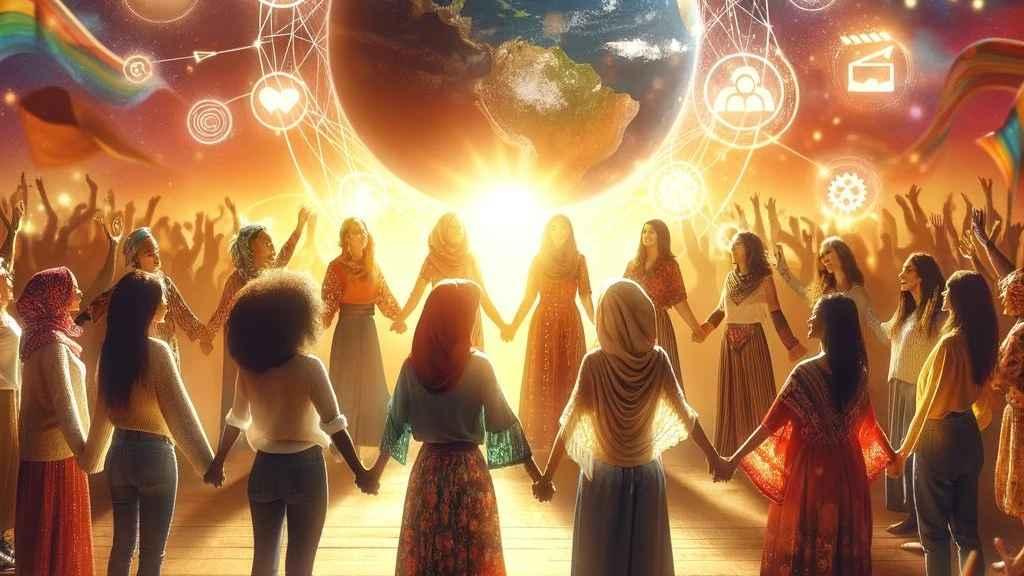 Women from all over the world form a circle, holding hands.