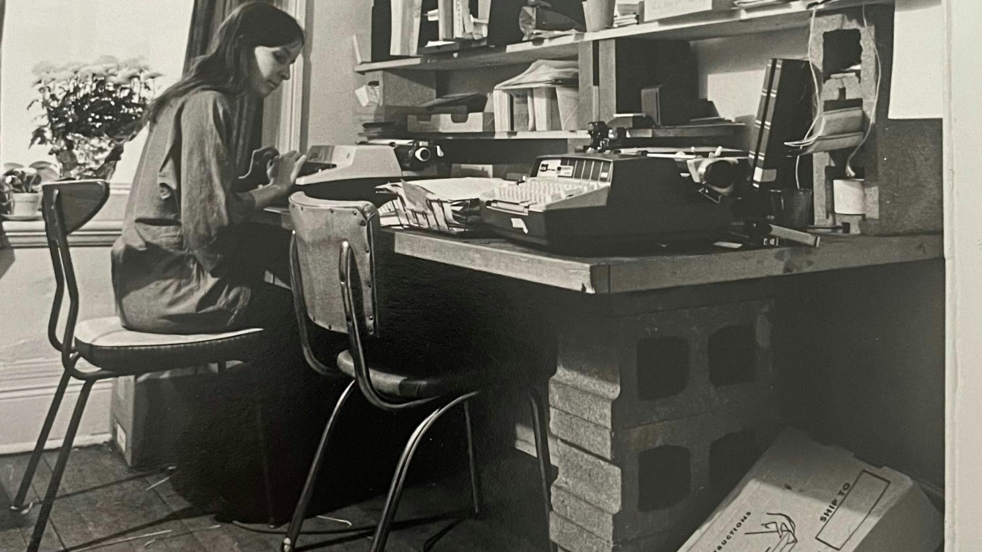 Busy learning to type a speech in the women's centre in Montreal 1971