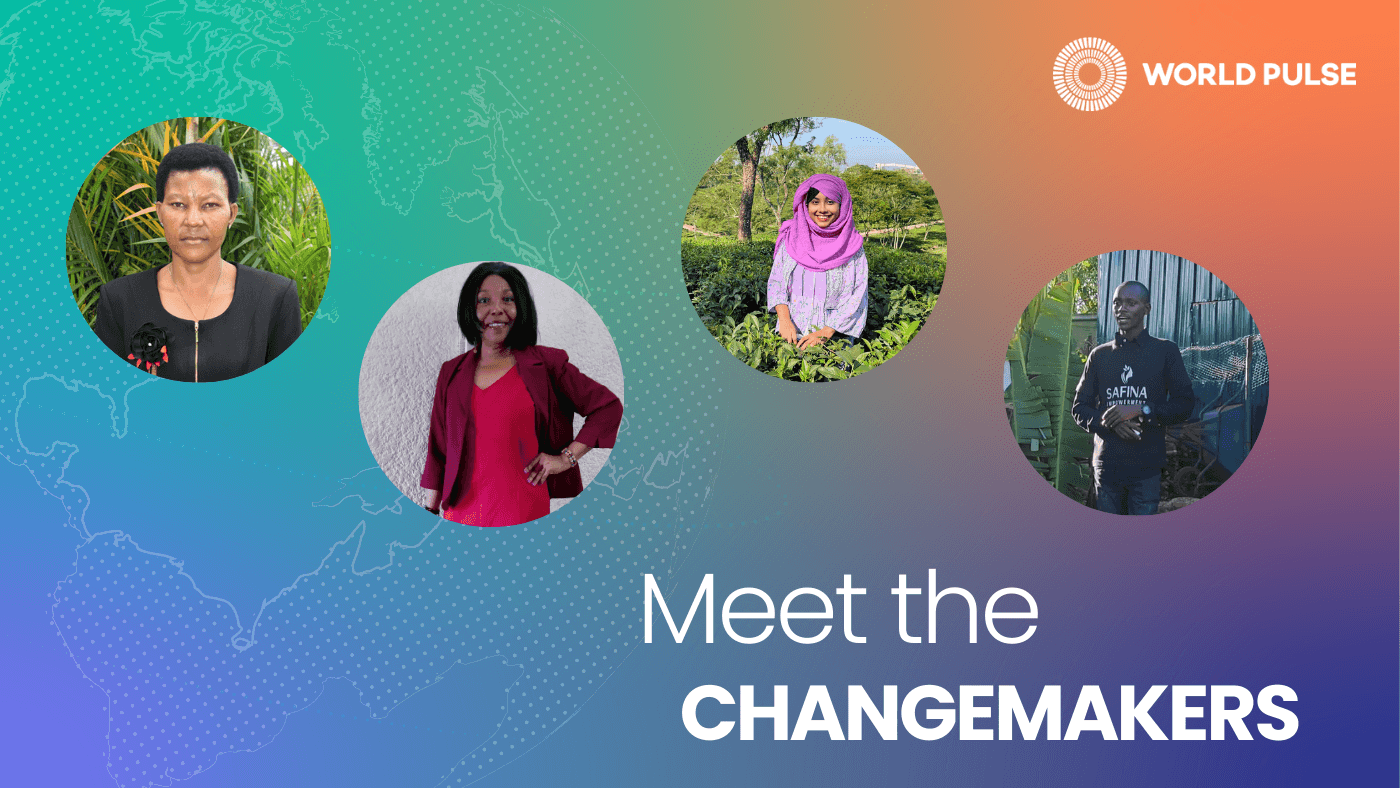 Graphic shows four profile images of four World Pulse members. The text reads "Meet the Changemakers". Background is purple and orange and includes a drawing of a world map.